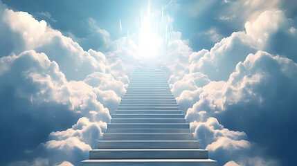 The stairs rise to the endless blue sky, symbolizing the path to success and achievement