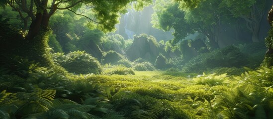 The image showcases a densely packed forest filled with an abundance of lush green trees. The scene is rich in vegetation, with thick foliage creating a captivating view of natures beauty.