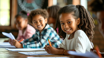 young kids in a classroom doing schoolwork  - obrazy, fototapety, plakaty