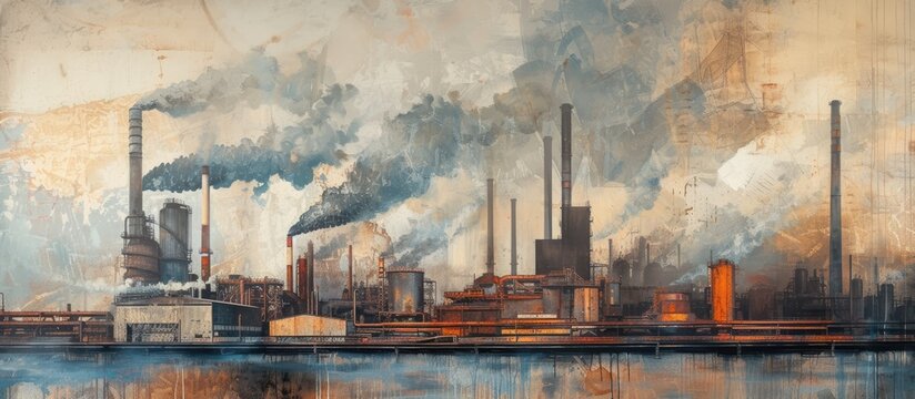 The painting depicts an industrial factory billowing thick smoke into the air. The factory appears to be in full operation, with smokestacks releasing pollutants into the atmosphere.