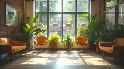 Clinic lobby with plants in the room. Lobby clinic with comfortable seating and plants greenery. Generative AI - obrazy, fototapety, plakaty