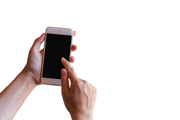 Hand holding mobile smart phone with blank screen isolated