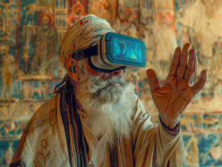 A mature man with a long beard immerses himself in virtual reality through a headset. Religious person, monk, Hindu, temple. Technology as a matter of faith.