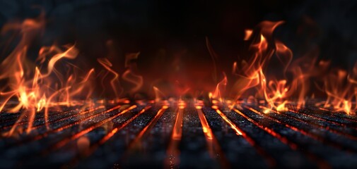 Hot empty portable barbecue BBQ grill with flaming fire and ember charcoal on black background