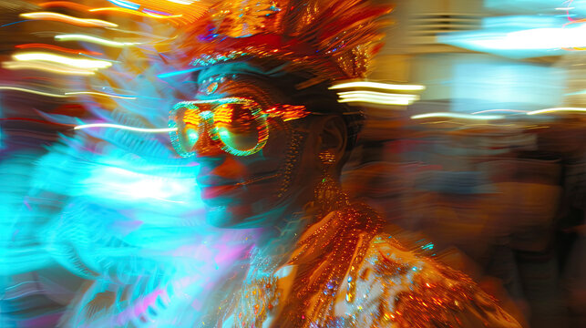colorful cinematic Mardi Gras figure in costume with special effect lens blur 