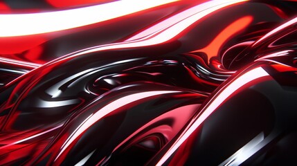 Abstract Red and Black Fluid Art, Glossy Waves Texture with High Contrast Light Reflections for Backgrounds
