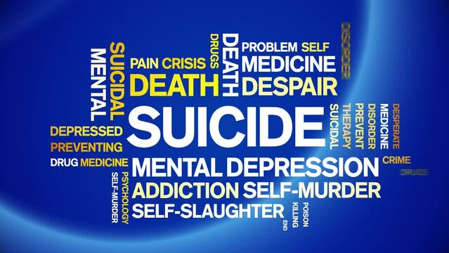 Suicide animated tag word cloud;text design animation kinetic typography seamless loop.