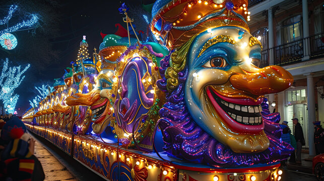 mardi gras carnival float with smiling jester at night 