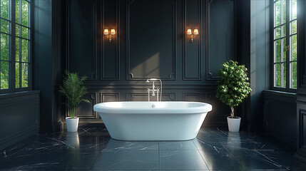 Fototapeta na wymiar Bathroom Dark black colour. Modern minimalism style bathroom interior in black tones. Luxurious modern dark bathroom. 3d Rendering. Real estate concept. Design concept. Art concept. Decor concept.