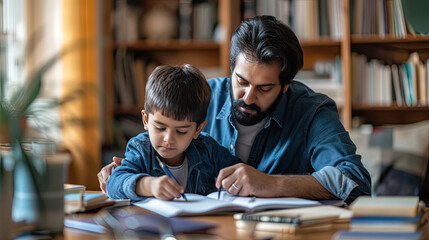 father helping child with homework a table at home - obrazy, fototapety, plakaty