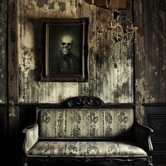 decrepid room with peeling wallpaper with spooky Halloween framed image on wall
