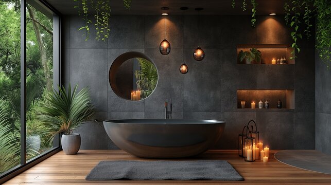 Bathroom Dark black colour. Modern minimalism style bathroom interior in black tones. Luxurious modern dark bathroom. 3d Rendering. Real estate concept. Design concept. Art concept. Decor concept.