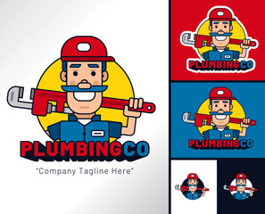 Plumber character holding wrench mascot logo style
