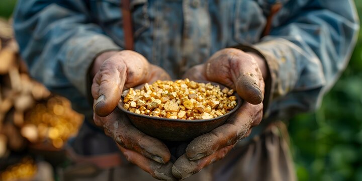 Prospector holds small gold nuggets in hand closeup shot of precious metal. Concept Gold Prospecting, Precious Metals, Close-up Photography, Mining Industry, Valuable Resources