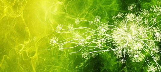 Spring serenity  abstract fresh grass and delicate flowers textures dancing in light and shadow