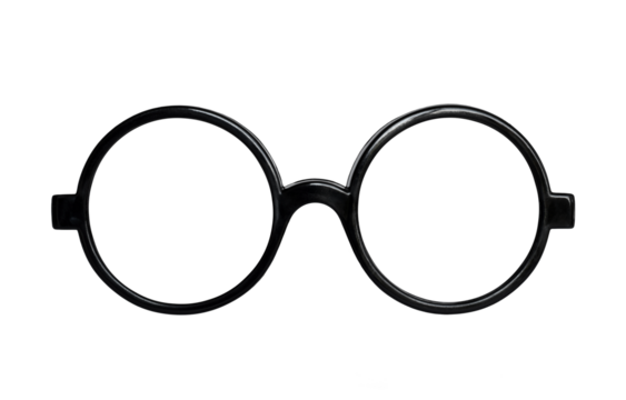 Black plastic round nerd eyeglasses isolated cutout on transparent