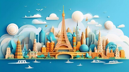 World travel landmarks with world map background, World landmark architectural monuments, Tourism in paper cut style very beautiful panoramic landscape