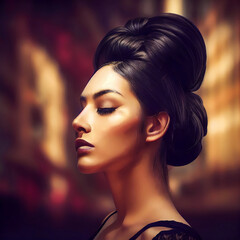 Fashion profile portrait of a latin woman with black hair and high hairstyle and light makeup, with eyes closed
