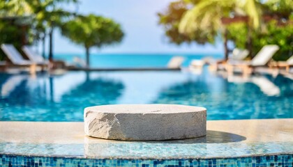 Stone podium stand in luxury blue pool water. Summer background of tropical design product placement display. Hotel resort poolside backdrop