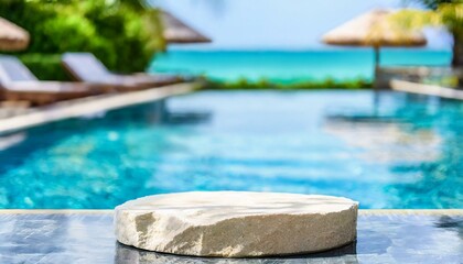 Stone podium stand in luxury blue pool water. Summer background of tropical design product placement display. Hotel resort poolside backdrop.