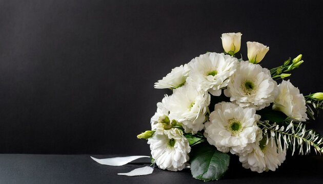 Funeral symbol. A bouquet of white flowers on the side, black background, free space for text.