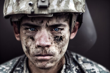 Close-up portrait of a young soldier with blue eyes and sad looking, with dirty face