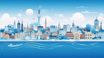 Fototapety   Panoramic view of the city skyline with world famous landmarks in a very vivid paper cut style vector illustration