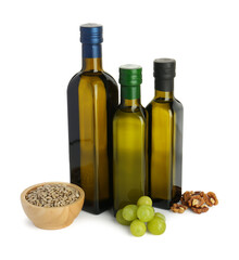 Vegetable fats. Bottles of different cooking oils and ingredients isolated on white