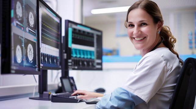 Joyful female medical professional working with advanced imaging technology in a hospital setting