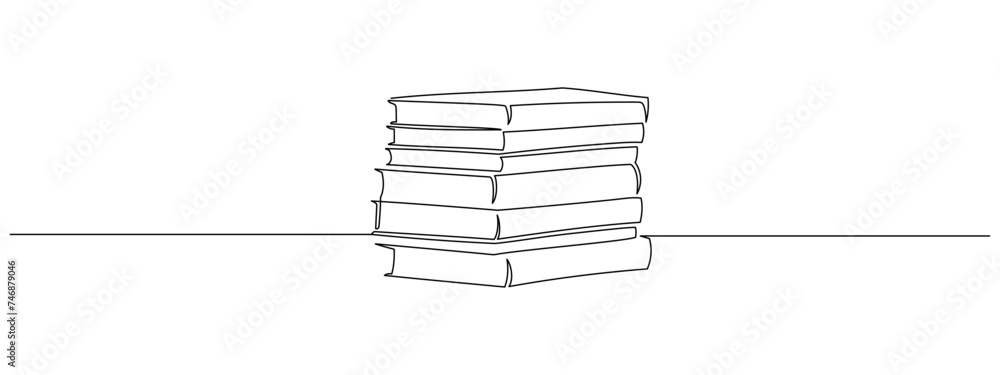 Poster one continuous line drawing of stack books. education in school and library studying in simple linea
