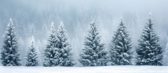 A group of majestic pine trees stand tall, their branches weighed down by glistening snow. These timeless symbols of winter are surrounded by a blanket of white, creating a serene and picturesque