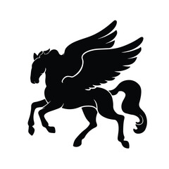 Silhouette of a FLYING Pegasus with wings on white background with outline thick view