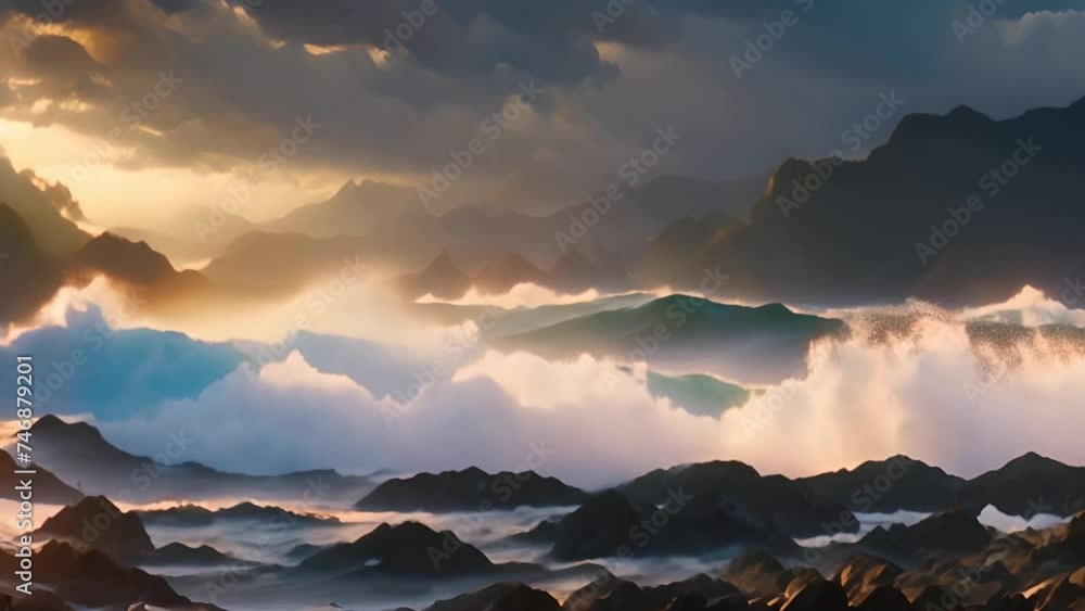 Poster waves crashing on rocks in the ocean generative ai
