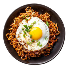 Very delicious fried noodles and fried eggs from Indonesia, on a chocolate plate photographed from a plain white background.