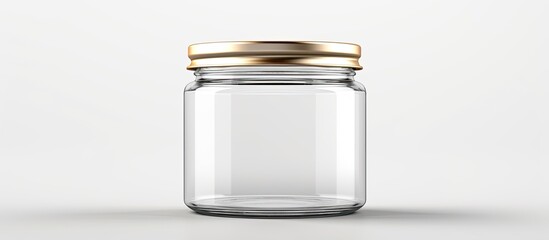 A clear glass jar with a metal lid is placed on a white background. The jar is empty, and the lid is securely fastened on top. The simple, minimalist composition allows the viewer to focus on the