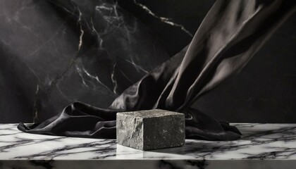 Luxury product placement scene background with stone cube podium on marble table and white fabric float. Premium beauty and fashion product display mockup. 