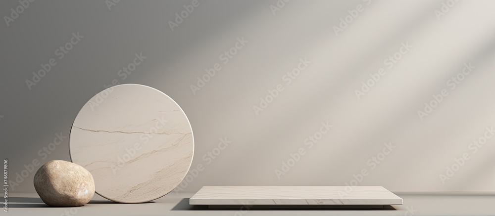 Poster a white object is placed elegantly on top of a table. the minimalist scene features a stone platform