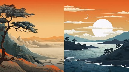 Ukiyo-e artistic drawings that create a series of scenes inspired by nature, the illustrations are very vivid