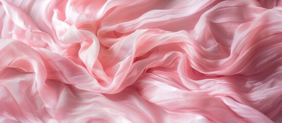 A detailed close-up view of a crumpled pastel pink silk fabric, showcasing its soft and beautiful texture.