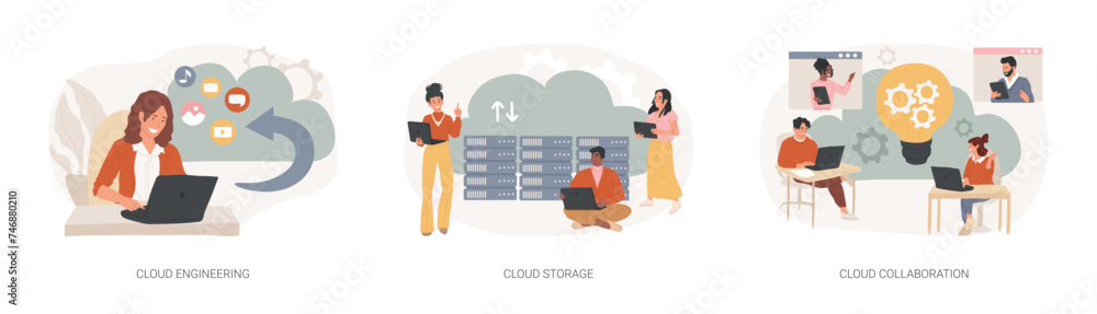 Poster cloud-based computing isolated concept vector illustration set. cloud engineering, storage and colla