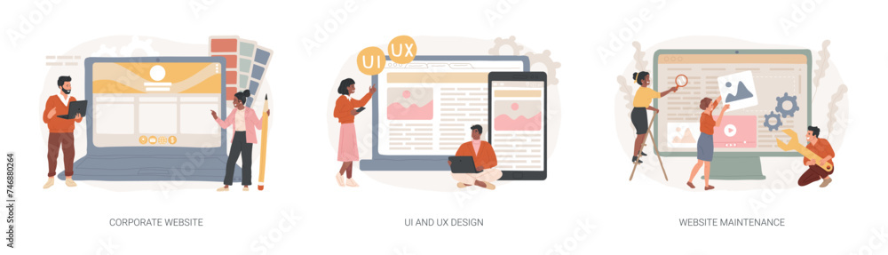 Wall mural corporate website isolated concept vector illustration set. ui and ux design, website maintenance, w