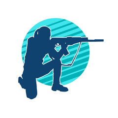 Naklejka premium Silhouette of a female shooter firing sniper long barrel rifle gun weapon