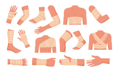 Set of physical injury set collection with wound bandage application concept. Open and bandaged human body parts, treated wounds, fractures, Human physical injury treatment vector illustration.