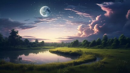 Fototapeta premium Rural scene with river and crescent moon in the sky, very impressive photo manipulation