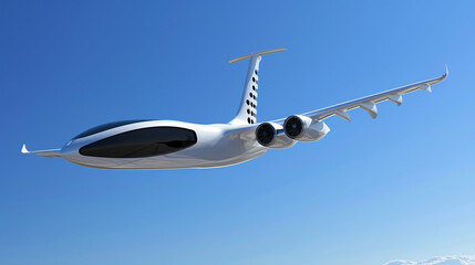 A modern electric passenger airplane taking off against a clear blue sky symbolizing the future of eco friendly air travel