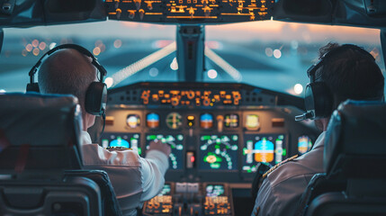 A pilot and co pilot in an aircraft cockpit reviewing eco friendly flight routes that reduce emissions and fuel consumption - obrazy, fototapety, plakaty