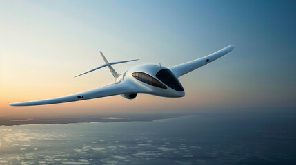 Fototapeta na wymiar A sleek futuristic electric airplane taking off against a backdrop of a clear blue sky symbolizing the dawn of zero emission air travel