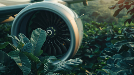 Close up of a biofuel powered aircraft engine with green foliage in the background highlighting sustainable aviation technology