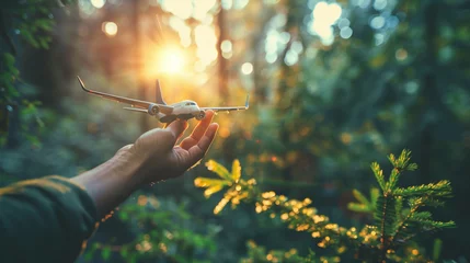 Fotobehang Close up of a hand holding a model airplane above a vibrant healthy forest symbolizing the aviation industrys commitment to preserving nature © Artinun