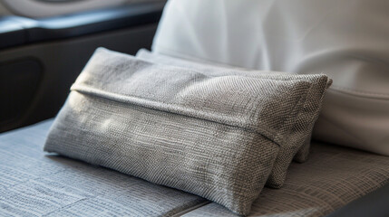 Close up of a reusable flight amenity kit made from sustainable materials offered on board a carbon neutral flight